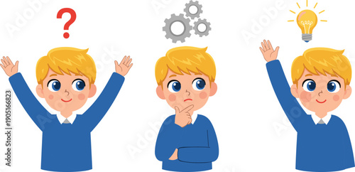 Cartoon boy thinking process from question to solution, problem solving and creative idea concept, curiosity, learning, education illustration showing confusion, analysis, and inspiration