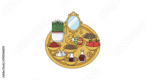 Traditional nowruz haft seen table setting with symbolic foods and mirror