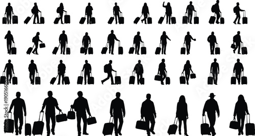 Collection of traveler silhouettes with rolling luggage, people walking and standing, airport passenger icons set isolated on white background for travel design projects