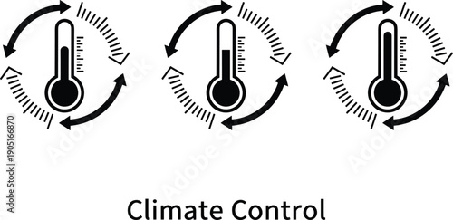 Climate control thermostat icons illustration showing temperature regulation, heating and cooling adjustment symbols for HVAC systems, smart home, and energy management