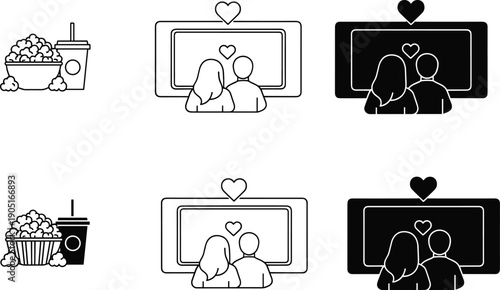Couple watching movie together icons with popcorn and drinks, black and white cinema date illustration set for romance, entertainment, and lifestyle concepts