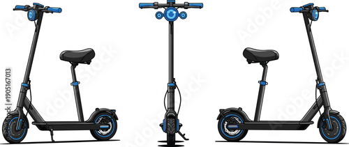 Electric scooter illustration shown from side front and rear views, featuring modern urban mobility design, eco friendly transportation, personal electric vehicle concept for city commuting