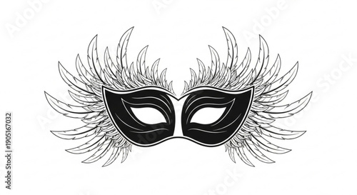 Mysterious black carnival mask with decorative feathered eyelashes on white background