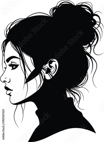 Elegant female profile silhouette with detailed hair bun and facial features, artistic black and white portrait illustration isolated on white background for beauty design