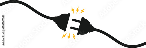 Electric power plug disconnected with sparks icon, energy failure and electricity outage concept, power cut warning, safety risk, electrical connection illustration on white background