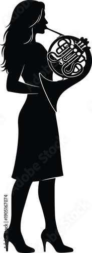 Female musician silhouette playing French horn, elegant woman performer standing in profile, classical music and orchestra instrument illustration isolated on white background