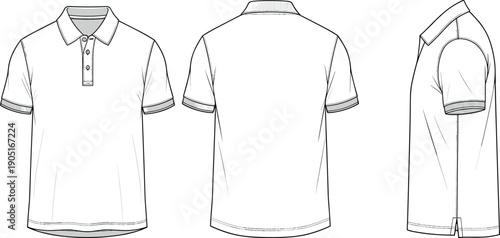 Men’s polo shirt technical fashion sketch showing front, back and side views, detailed line drawing apparel illustration for clothing design, manufacturing and merchandising reference