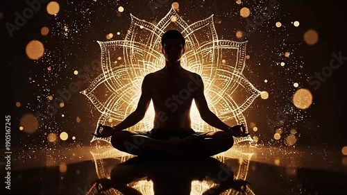 Serene Silhouette in Meditation Pose Surrounded by Golden Mandala and Bokeh Lights, Ideal for Wellness and Spiritual Background Footage