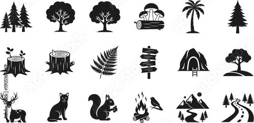 Nature and wildlife silhouette icon set with trees, animals, plants, camping elements and landscape symbols, outdoor forest illustration collection isolated on white background