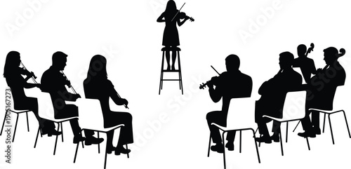 Orchestra rehearsal silhouettes with violin soloist on podium and seated string musicians, classical music ensemble practice and performance concept illustration isolated on white background