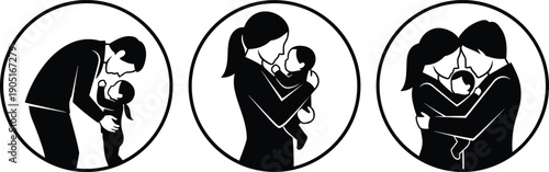 Parent and Child Love Silhouette Icons Set Showing Mother, Father, and Baby Bonding Moments, Family Care, Affection, and Emotional Connection Concept