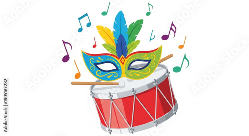 Colorful mardi gras mask on a red drum with music notes floating around