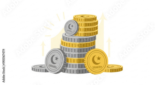 Stack of gold and silver coins with crescent moon symbol on white background