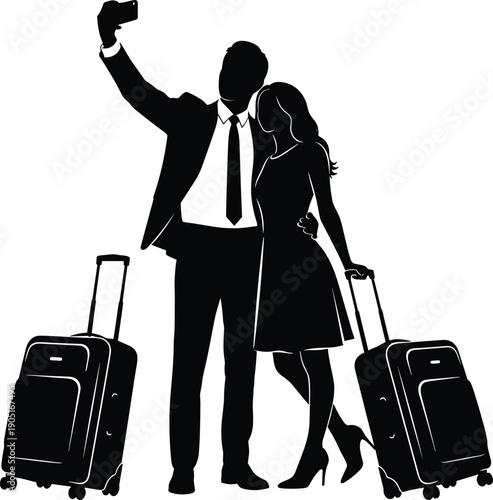 Travel couple taking selfie with smartphone and luggage, symbolizing vacation, tourism, romance, modern lifestyle, journey, travel memories and social media sharing