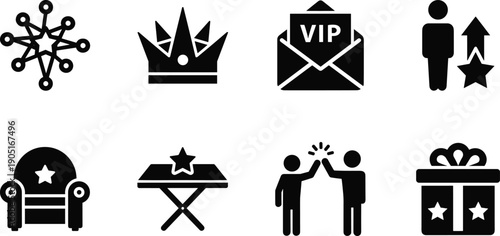 VIP and reward icon set with crown, premium message, stars, gifts and success symbols, loyalty, achievement and elite status concept illustration isolated on white background