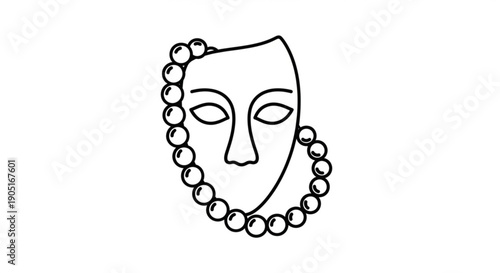 Theatrical mask with beaded necklace symbolizing drama and performance art