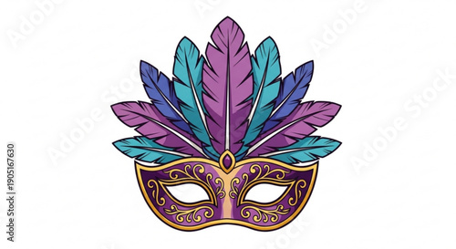 Vibrant purple and gold masquerade mask with colorful feathers and ornate details