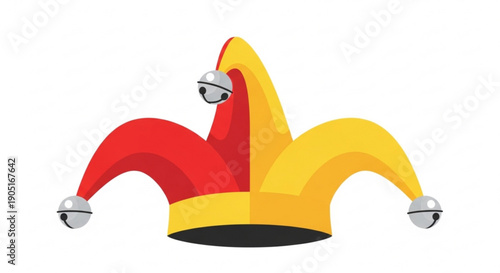 Vibrant red and yellow jester hat with silver bells on white background