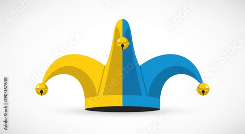 Colorful jester's hat with yellow and blue design elements on white background for carnival celebrations