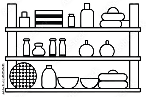 Black and White Line of Household Appliances and Kitchen on Shelves line household appliances kitchen refrigerator