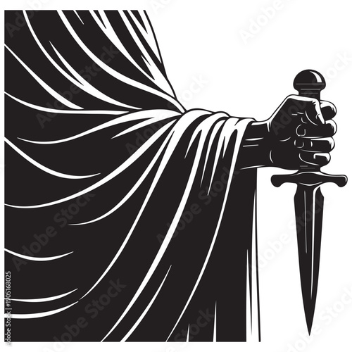 Dramatic figure holding dagger in hand with flowing cloak