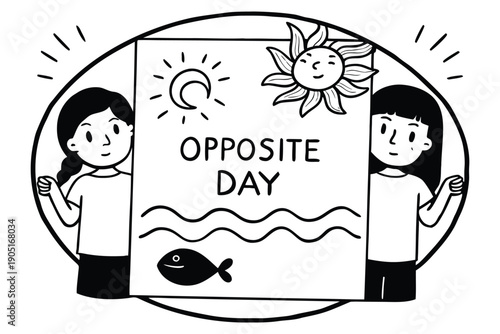 Black and White Line Opposite Day Concept with Boy Girl Fish Sun and Rain line boy