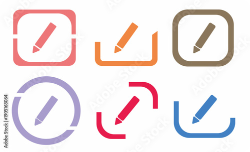Minimalist pencil icon set with colorful geometric frames including square, circle, and abstract shapes. Professional vector graphics for edit, write, and compose UI design, perfect for apps