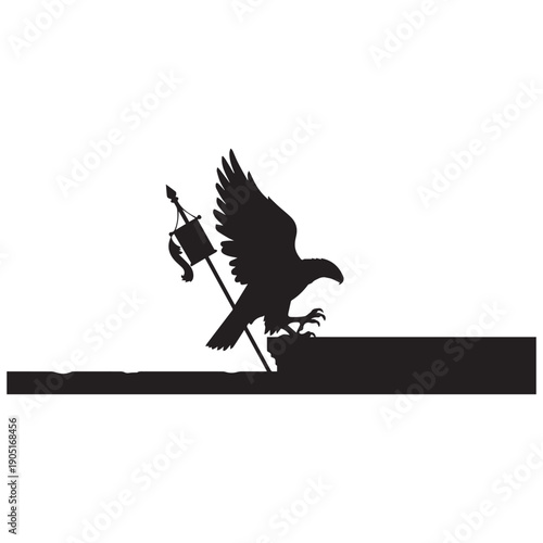 Eagle grasping flagpole silhouette in dramatic pose on ledge