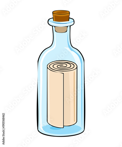 Classic message in a bottle illustration with rolled paper inside for island adventure story Graphic Asset