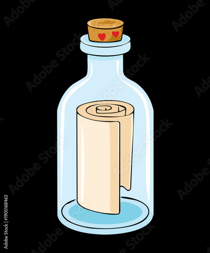 Antique glass bottle with a parchment scroll and dark background for mystery quest game Graphic Asset