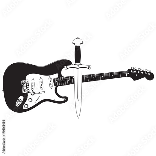 Electric guitar with dagger through body in black and white