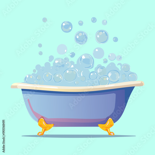 Minimalist light blue bathtub with many floating bubbles and soft colors for modern nursery decor Graphic Asset