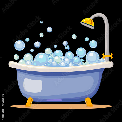 Classic blue bathtub filled with floating soap bubbles against a dark night sky theme for Graphic Asset