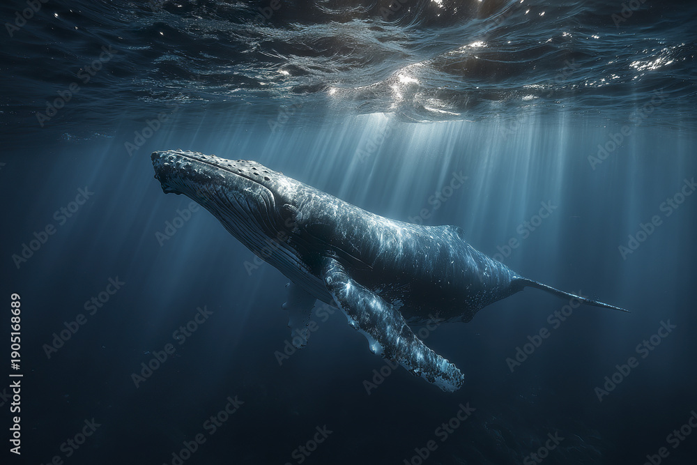 Fototapeta premium Underwater whale swimming near ocean surface with sunlight rays penetrating water, creating moody and serene marine scene full of natural beauty and calm atmosphere