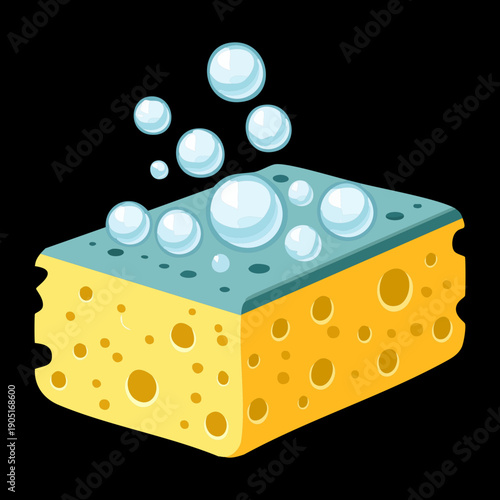 Yellow sponge with soap bubbles on dark background for cleaning service Graphic Asset