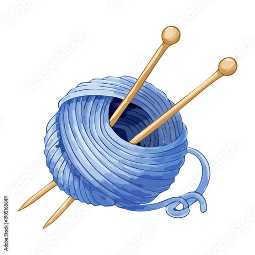 Blue yarn ball with wooden knitting needles for cozy handmade craft workshop Graphic Asset