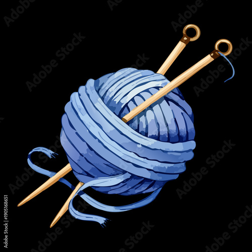Round blue wool ball with knitting needles on dark background for hobby theme Graphic Asset