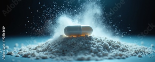 One white capsule rests on pile of white powder, with dust particles floating in air. Background is dark blue, creating dramatic and scientific atmosphere. Suitable for health and science concepts.