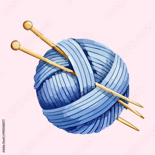 Large blue yarn ball with knitting needles for winter craft and handmade project Graphic Asset