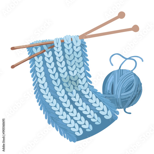 Blue knitted fabric with needles and yarn ball for hobby and craft Graphic Asset