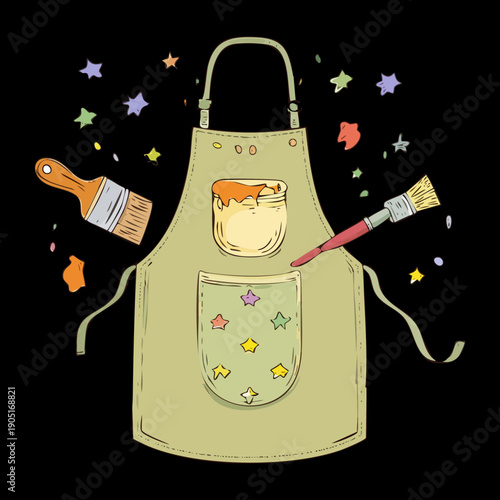 Green artist apron with paint brushes for creative painting classes and artistic workshop project Graphic Asset