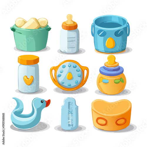 Collection of bath toys and baby care items for fun bathroom time and infant hygiene Graphic Asset