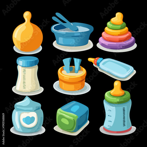 Baby food and accessories set including milk bottles and bowls for infant nutrition and health Graphic Asset