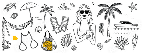 Italian summer doodle collection beach sea boats fruits and fashion.