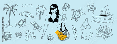 Italian summer doodle collection beach sea boats fruits and fashion.