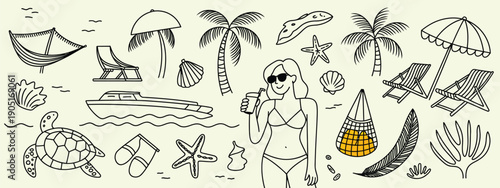 Italian summer doodle collection beach sea boats fruits and fashion.