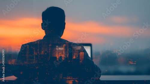 Silhouetted person working on a laptop with a cityscape at sunset reflected, blending technology and urban life in a serene twilight setting.