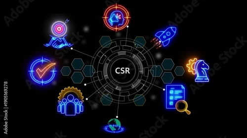 CSR concept for business and organization. Corporate social responsibility .futuristic technology matrix global security with digital spot light and stretch glowing 4k video animation