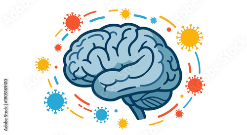 Illustration of a brain surrounded by colorful virus particles and lines for World Encephalitis Day awareness with a global health theme.