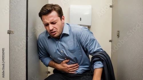 Man Experiencing Stomach Pain Sitting In Bathroom Stall Holding His Abdomen In Distress With Tissue Dispenser In The Background Stock Photo About Illness Health Issues Medical Proble